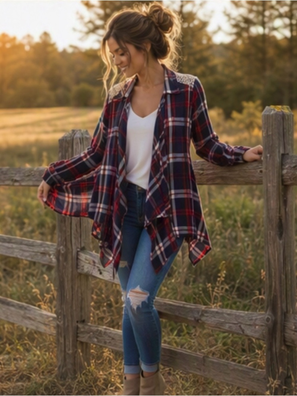 Red & Black Flannel White Crochet Lace  Back Tie Front Cardigan